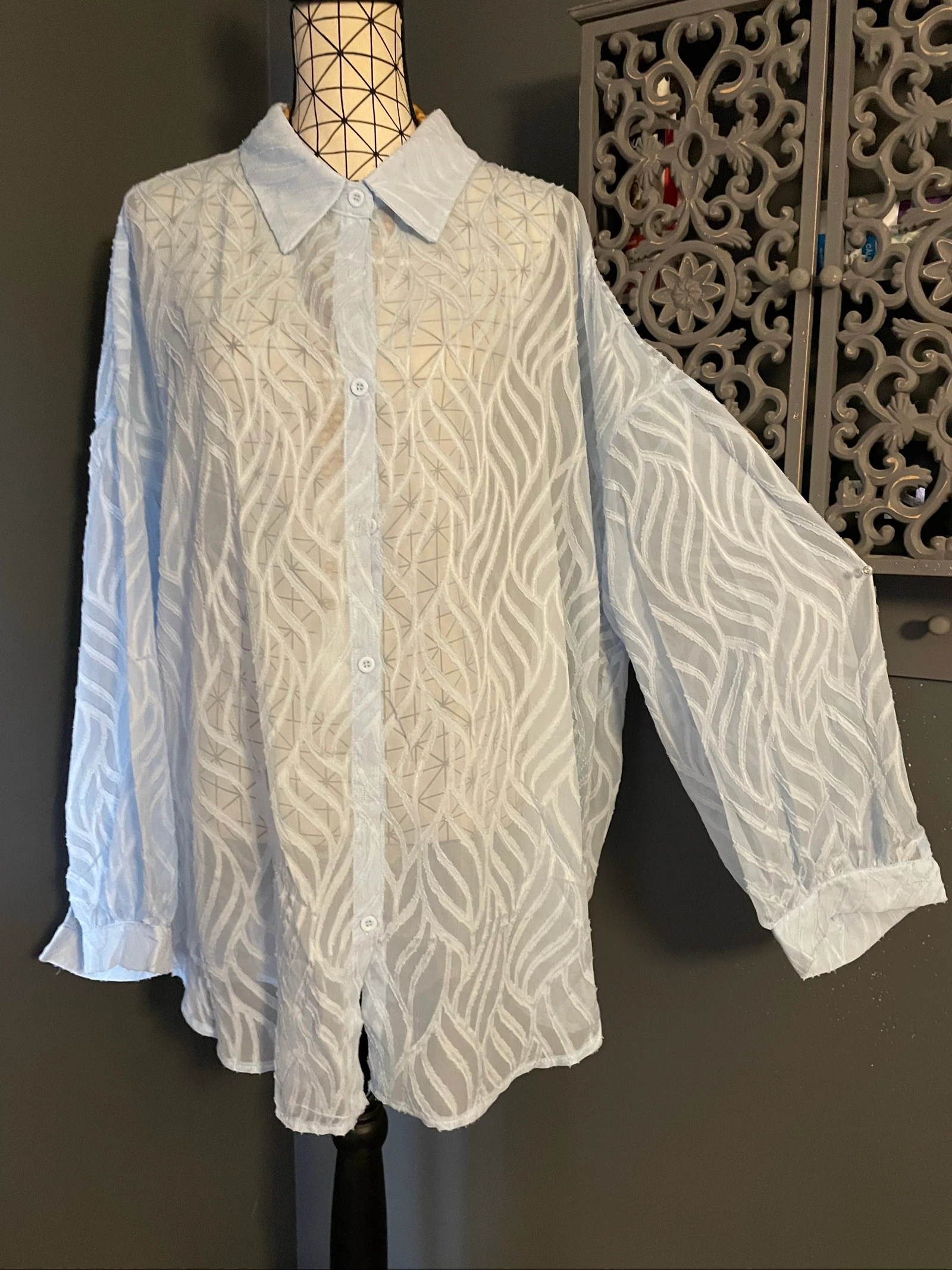 💖 blusa blusa túnica azul claro texturizada transparente tamanho grande 58 chique elegante 💖 – photo 4